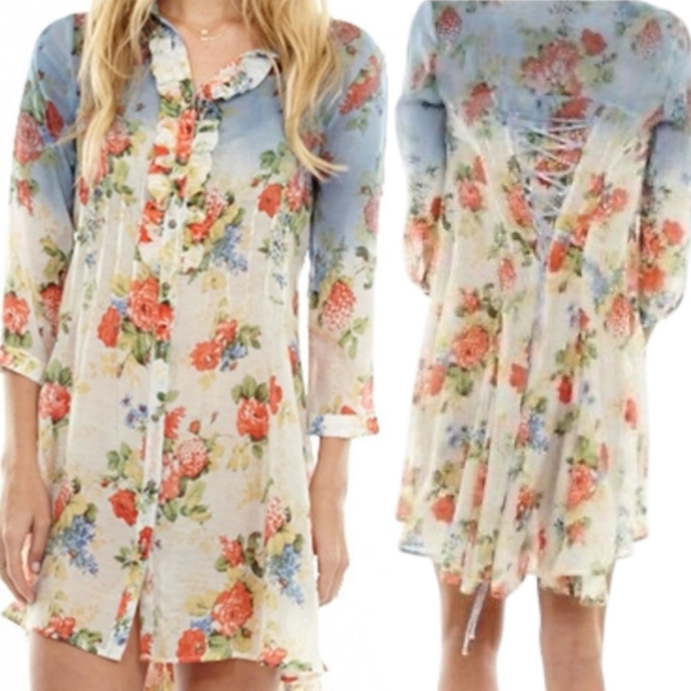 Aratta Silent Journey x Anthro Floral Ombré Ruffle Button Lace Up Mini Dress S